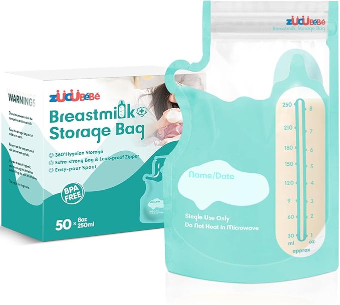Breastmilk Storage Bags(50 Count),8oz Milk Storage Bags for Breastfeeding,BPA Free with Easy Pour Spout, Self Standing, for Refrigeration and Freezing Blue