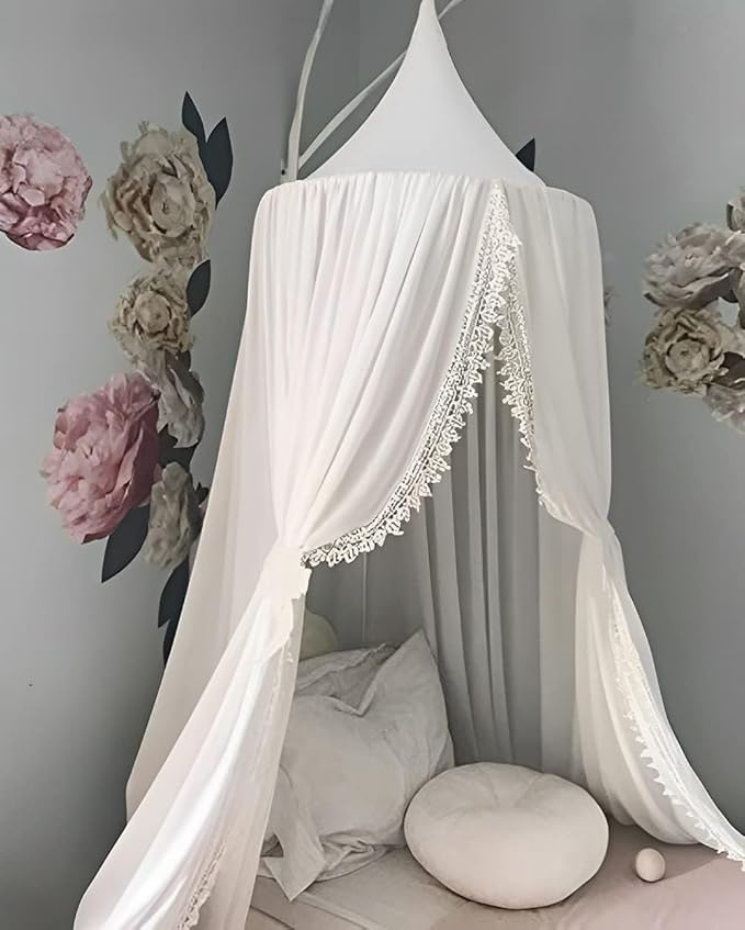 OldPAPA Kids Bed Canopy with Pom Pom Hanging Mosquito Net for Baby Crib Nook Castle Game Tent Nursery Play Room Decor,White