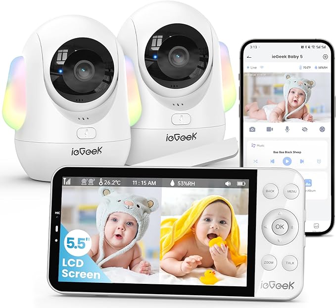 ieGeek 5.5โโ Split-Screen Baby Monitor,2.5K UHD Baby Monitor with 2 Cameras and Audio,Night Light,Prone Sleeping&Cry Detection,Two-Way Talk,Night Vision,2.4G&5Ghz WiFi App Control,4000mAh Battery