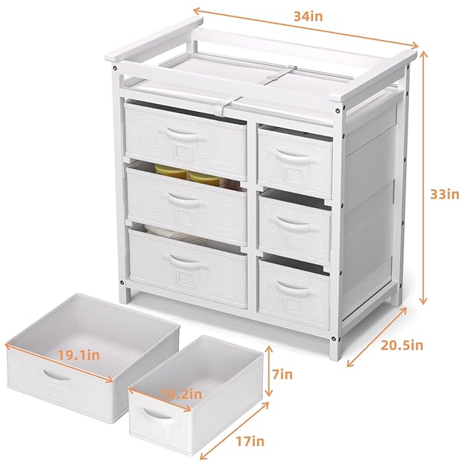 YUFU Baby Changing Table, Diaper Changing Station with 6 Storage Drawers and Changing Pad, Changing Table Dresser, White