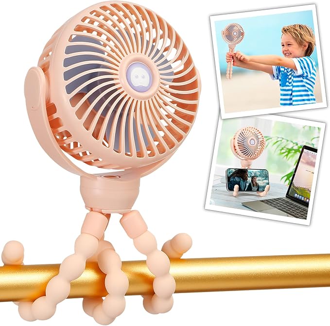 snawowo Mini Portable Baby Stroller Fan, Battery Operated Clip on Fan, Rechargeable 360° Rotate Flexible Tripod Handheld Cooling for Car Seat Crib Treadmill Travel(Pink)