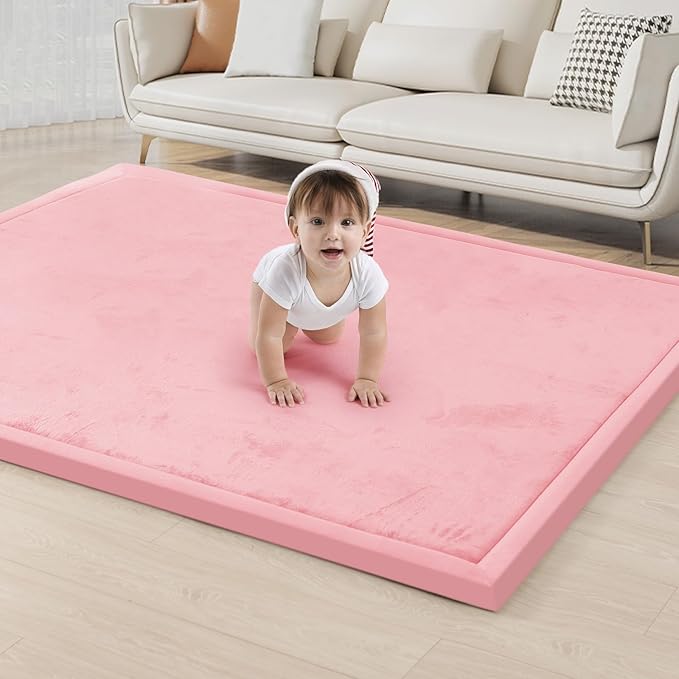 ACOMOPACK Baby Play Mat for Floor 1.3" Thick Memory Foam Play Mat 79"×157 Tummy Time Crawling with Non-Slip Bottom for Living Room,Nursery,Soft Velvet Playpen Mats for Kids,Infants(Pink)