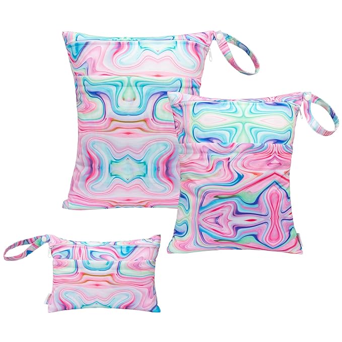 ALVABABY 3pcs Baby Cloth Diaper Wet/Dry Bags|Waterproof Reusable with Two Pockets|Travel, Beach, Pool, Daycare, Soiled Baby Items,Yoga,Gym Bag for Swimsuits or Wet Clothes Pink impression 3L-BS04