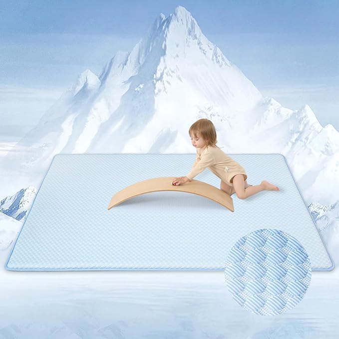 Baby Play Mat for Summer, 1.3 Thick Extra Large Memory Foam Cooling Floor Tummy Time Mat, Soft & Breathable, Non-Slip Rectangular for Toddlersโ Playtime & Rest(Light Blue,79"x118")