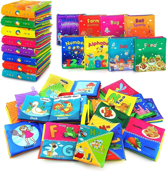 8PCS Baby Bath Books Set with Crinkle Sound, Soft Sensory Early Learning Toys for Newborns & Infants, Washable Teething Educational Activity Toy 