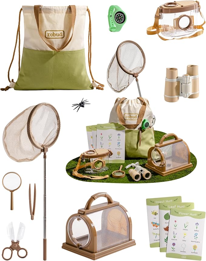 ROBUD Upgraded Kids Explorer Kit, Bug Catcher Kit with Wild Adventure Binoculars, Green Outdoor Exploration Set for Camping, Montessroi Toy for Kids Coming Closer to Nature,WRP30