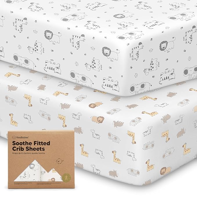 KeaBabies 2-Pack Organic Crib Sheets for Boys, Girls - 52x28 Fitted Crib Mattress Sheet Neutral, Breathable Jersey Cotton Cover for Baby Bed, Toddler Mattress, Soft & Cute Prints (KeaSafari)