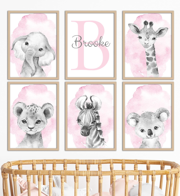Adorable Safari Animal Nursery Prints – Personalized Wall Art for Baby Girls