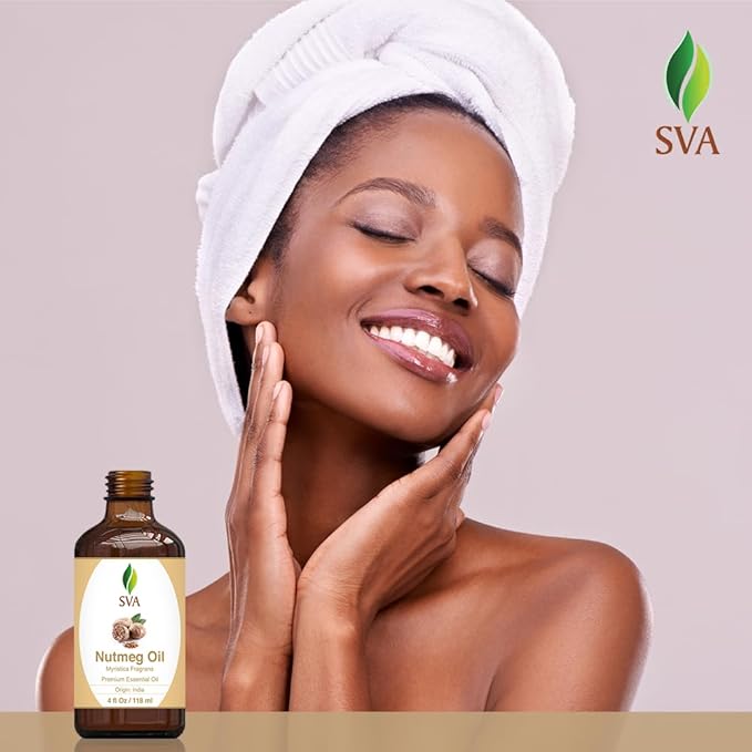 SVA Nutmeg Essential Oil – 4 Fl Oz – 100% Natural Nutmeg Oil - for Diffuser, Hair Care, Face, Skin Care, Aromatherapy, Scalp and Body Massage, Soap and Candle Making – with Dropper