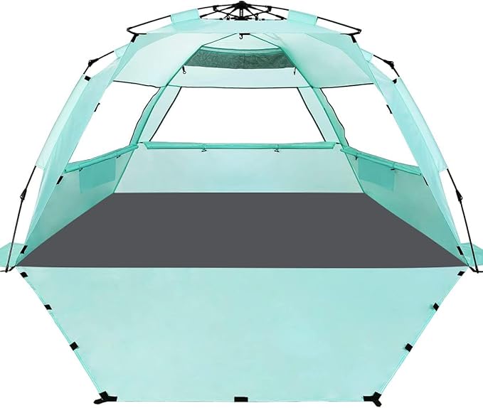 WhiteFang Deluxe Pop Up Beach Tent Sun Shade Shelter for 3-4/5-6 Person, UV Protection, Extendable Floor with 3 Ventilating Windows Plus Carrying Bag, Stakes, and Guy Lines