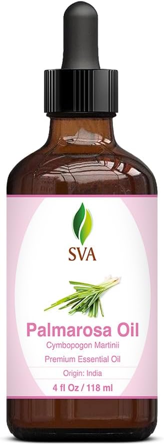 SVA Palmarosa Essential Oil – 4 Fl Oz – 100% Natural Palmarosa Oil - for Diffuser, Hair Care, Face, Skin Care, Aromatherapy, Scalp and Body Massage, Soap and Candle Making – with Dropper