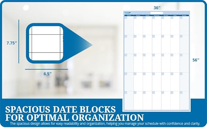 Vertical 56"h x 36"w blue 30-day/1-month dry-erasable wall planner calendar. Complete with dry-erase marker and eraser