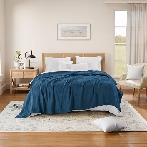Threadmill Muslin King Blanket | 4 Layer 100% Cotton Gauze Summer Blanket | Soft, Breathable, and Cozy for All Seasons | Lighweight King Size Blanket for Bed | Folkstone Blue