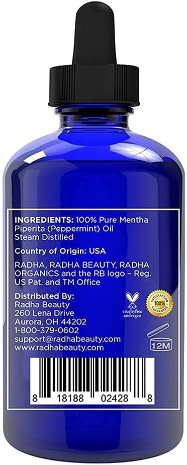 Radha Beauty Peppermint Essential Oil 4 oz - 100% Pure & Therapeutic Grade, Steam Distilled for Aromatherapy, Fresh Minty Scent, DIY Projects, Candles, Sprays and Fragrance