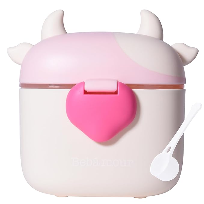 Bebamour Baby Formula Dispenser On The Go, Formula Container to Go, Formula Holder for Travel, Candy Fruit Snack Storage Container with Scoop and Leveller (Light Pink Cow)