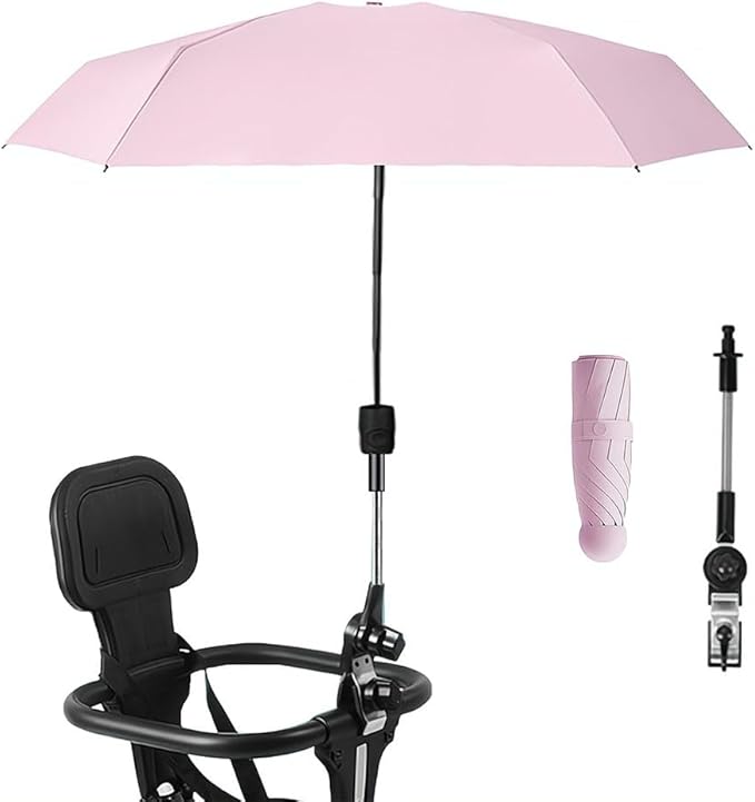 Clip-on Umbrella for Stroller Sunshade, Adjustable Steering Angle, Handle Included, Compact and Lightweight, Suitable for All Kinds of Strollers