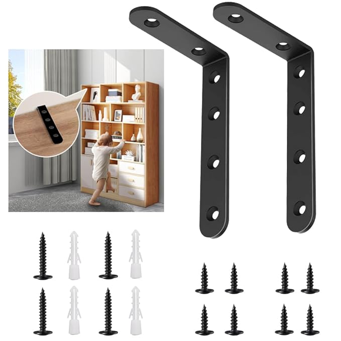 Anti Tip Furniture Anchors for Baby Pet Proofing,Furniture Wall Anchor Furniture Dresser Bookshelf Falling Prevention Device for Children (BLACK-2PACK)