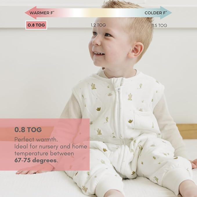 Tealbee DREAMSUIT: Toddler Sleep Sack with Feet 2T 3T - 0.8 TOG Lightweight Baby Wearable Blanket for Walkers - Rayon Made from Bamboo, Organic Cotton Sleeping Bag (2T-3T) - Cactus