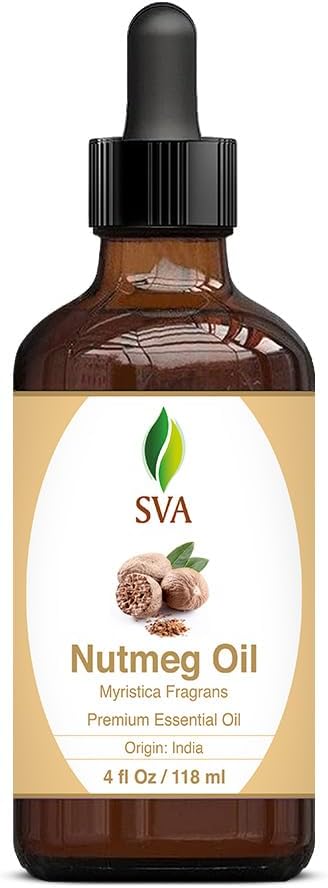 SVA Nutmeg Essential Oil – 4 Fl Oz – 100% Natural Nutmeg Oil - for Diffuser, Hair Care, Face, Skin Care, Aromatherapy, Scalp and Body Massage, Soap and Candle Making – with Dropper