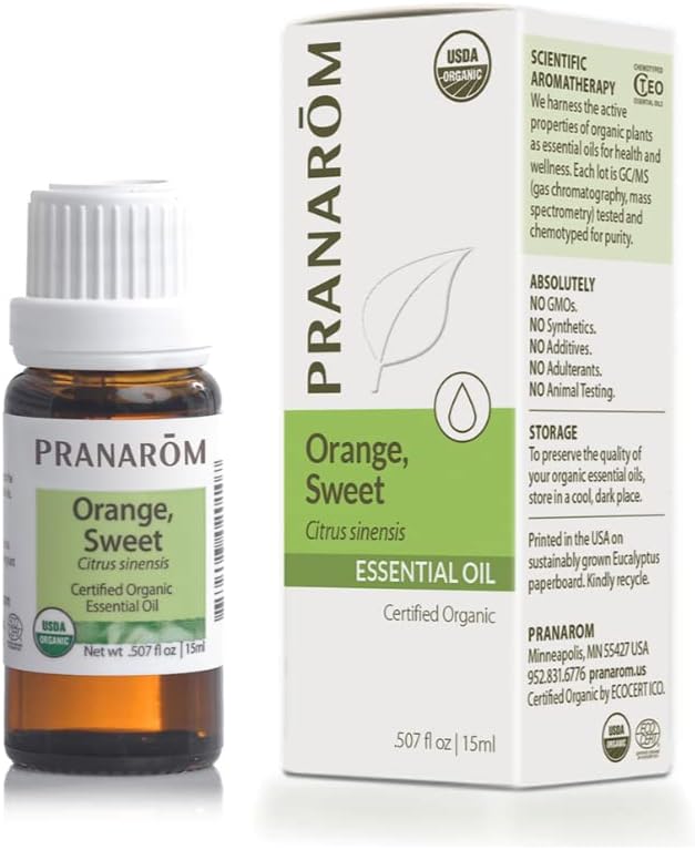 Pranarom USDA Certified Organic Sweet Orange Essential Oil (15ml), 100% Pure Undiluted Therapeutic Grade from Mexico for Aromatherapy, Diffuser, Citrus Scent, Soothing, DIY Cleaning