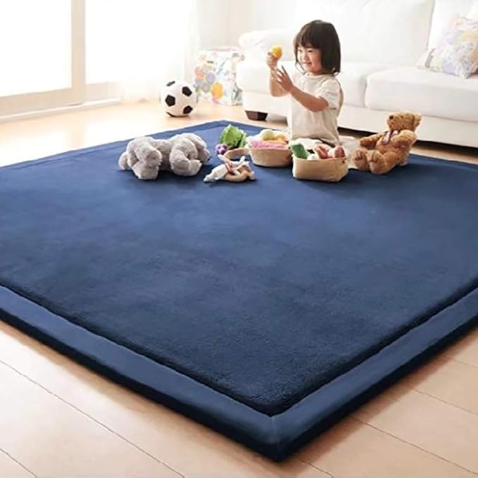 Loartee Coral Velvet Crawling Rug (6'8"x7'9", Dark Blue) for Toddler Children Play Area Rug Yoga Mat Exercise Pad
