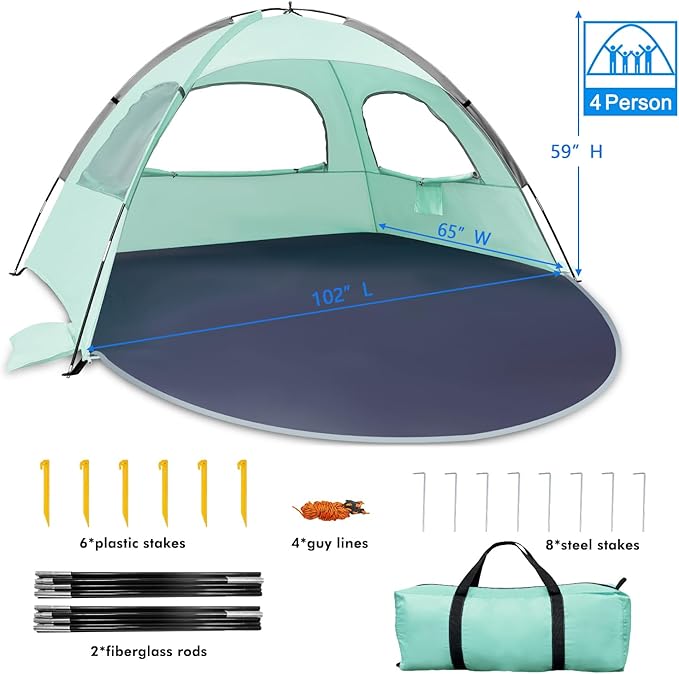 WhiteFang Beach Tent Anti-UV Portable Sun Shade Shelter for 3/4/6/8 Person, Extendable Floor with 3 Ventilating Mesh Windows Plus Carrying Bag, Stakes and Guy Lines