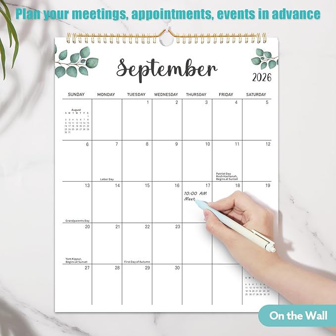 Wall Calendar 2025-2026, 18 Month Calendar from July 2025 to December 2026 14.5" x 11.8" Large Desk Calendar with Twin-Wire Binding for Home Office Planning Personal Organisers, Green Leaf
