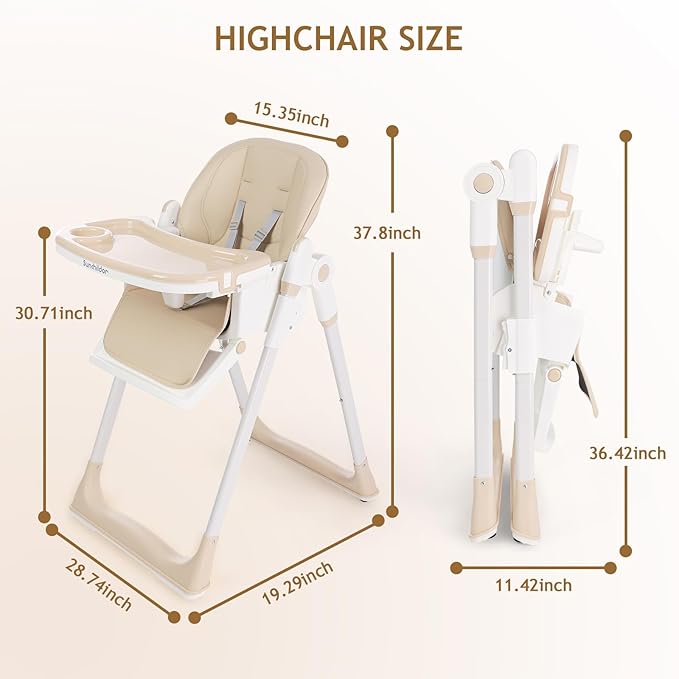 3 in 1 Baby High Chair with Wheels, Adjustable 5 Point Harness, Tray, Foot Rest, Backrest and Seat Height, Foldable High Chair for Toddlers, Beige