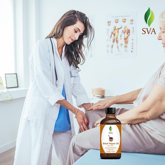 SVA Black Pepper Essential Oil – 4 Fl Oz – 100% Natural Black Pepper Oil - for Diffuser, Hair Care, Face, Skin Care, Aromatherapy, Scalp and Body Massage, Soap and Candle Making – with Dropper