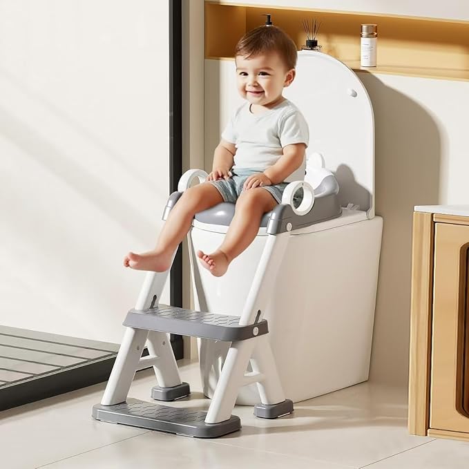 Potty Training Seat,Non Slip Foldable Toilet Training Seat with Soft Cushion, Comfortable HandlesUpgrade Toddler Toilet Seat for Kids Boys Girls,Potty Training Toilet Seat with Step Stool Ladder,