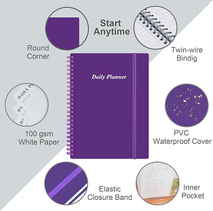 Daily Planner Undated - A5 To Do List Notebook Hourly Schedules, Spiral Appointment Planner for Women and Men, PVC Hardcover, Inner Pocket, Elastic Closure, 5.8" x 8.3", Purple