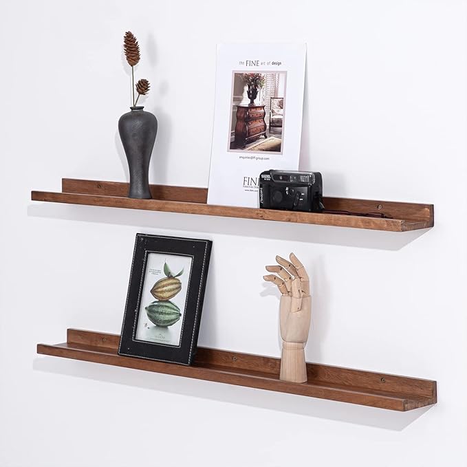 36 Inch Picture Ledge Shelf Rustic Wall Mount Light Walnut Long Narrow Picture Shelves Storage for Books Toys Music Albums Green Plants-Photo Ledge Shelf Set of 3 Mounting Hardware Include
