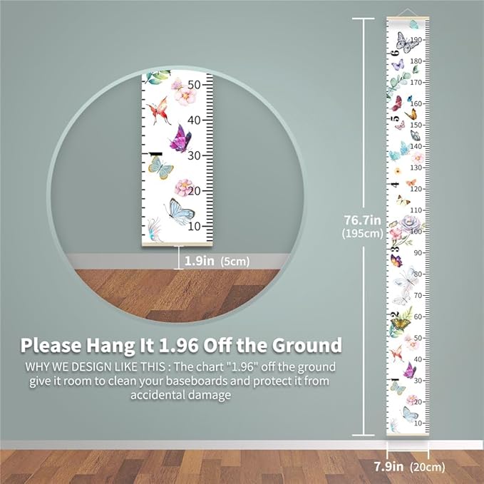 Ocean Mermaid Growth Chart for Kids Baby Height Chart Ruler Removable Canvas Wooden Frame Hanging Wall Rulers Measurement Charts for Toddler Room Nursery Decor - 79"X7.9" with Beige Wood
