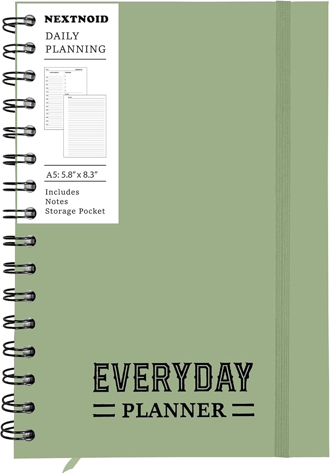 Undated Daily Planner Notebook With Hourly Schedule - Hardcover Appointment Day to do List Notebook for Women & Men - A5 Spiral Green