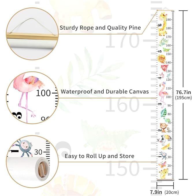 Ocean Mermaid Growth Chart for Kids Baby Height Chart Ruler Removable Canvas Wooden Frame Hanging Wall Rulers Measurement Charts for Toddler Room Nursery Decor - 79"X7.9" with Beige Wood