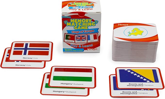 Menique Flags of Europe Memory Matching Game – 100 Cards (50 Pairs) with Flag, Country & Capital – Educational Geography Game for Kids and Adults