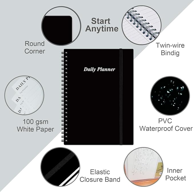 Daily Planner Undated - B5 To Do List Notebook Hourly Schedules, Spiral Appointment Planner for Women and Men, PVC Hardcover, Inner Pocket, Elastic Closure, 7" x 10", Black