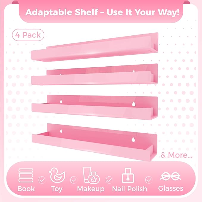 4 Pack 15 Inch Pink Acrylic Shelves, Kids Floating Bookshelf for Kids Room, Modern Nail Polish Rack Sunglasses Essential Oil Picture Ledge Display Toy Storage Wall Shelf