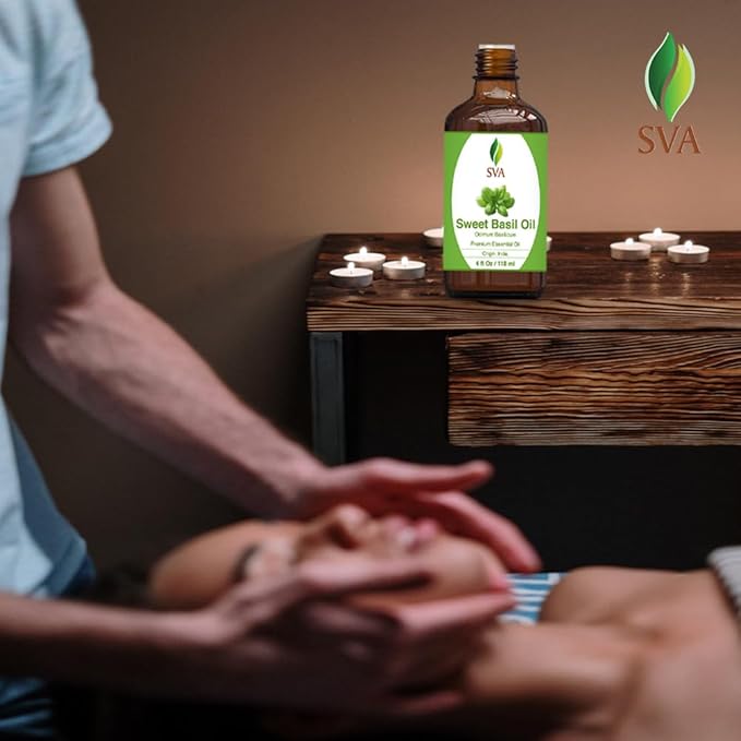 SVA Sweet Basil Essential Oil – 4 Fl Oz – 100% Natural Basil Oil - for Diffuser, Hair Care, Face, Skin Care, Aromatherapy, Scalp and Body Massage, Soap and Candle Making – with Dropper