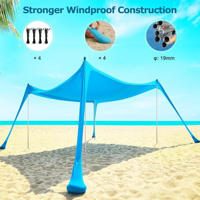 COMMOUDS Beach Tent Sun Shelter - UPF50+ Pop Up Beach Canopy with Sandbags & Sand Shovel & Windproof Poles, Portable Sun Shade for Beach, Camping, Picnics, Backyard