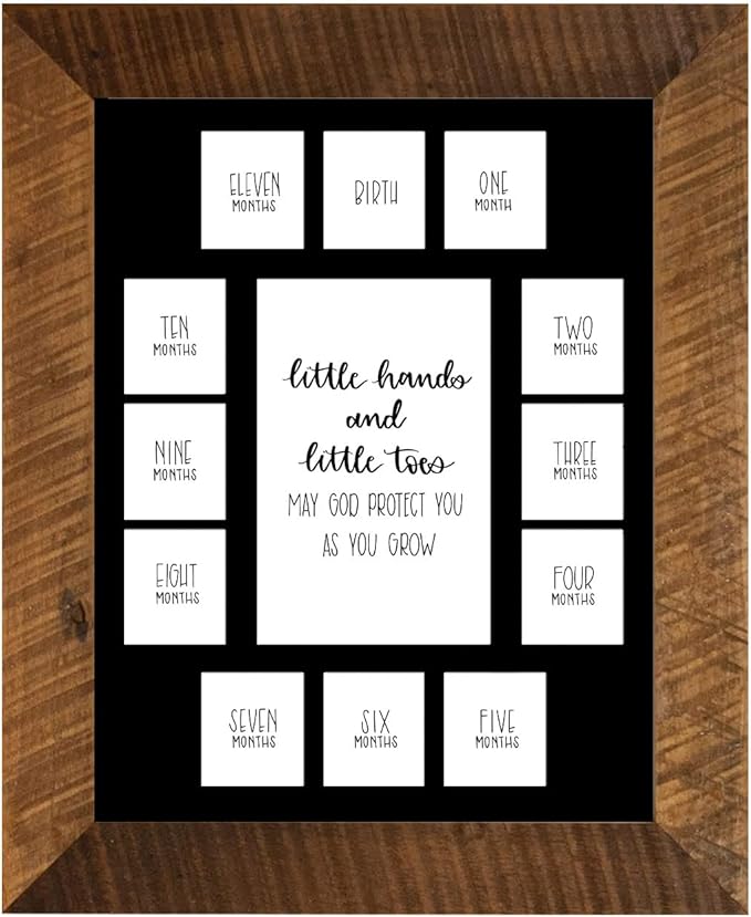 Rustic Red Door Co. Baby's First Year Picture Mat - Barnwood Frame - Little Hands and Little Toes Photo Collage - 13 Picture Slots - Newborn to One Year Birthday - Watch Your Baby Grow (Black Mat)