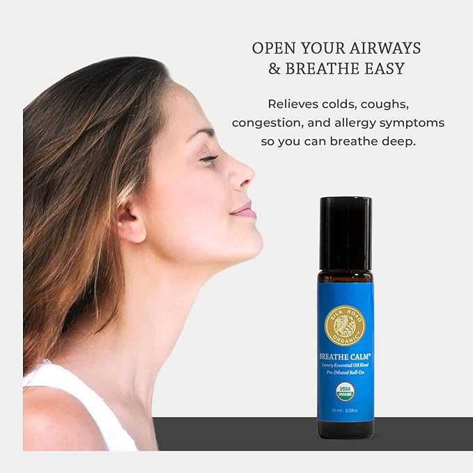 Silk Road Organic Breathe Calm Essential Oil Breathe Easy Blend Roll On, 100% Pure USDA Certified Aromatherapy for Cold, Cough, Congestion, Allergy Relief, & Wellness - 10 ml Roller