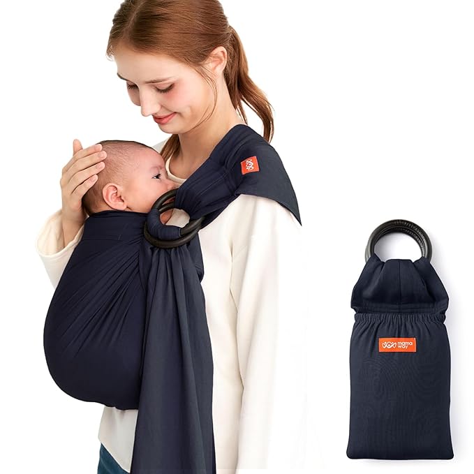 Mamaway Baby Ring Sling - Newborn Sling (Supports up to 165lbs), IHDI Certified, Rayon & Linen Made, Soft & Breathable, Nylon 66 Safety Rings, Storage Pocket Design, Navy