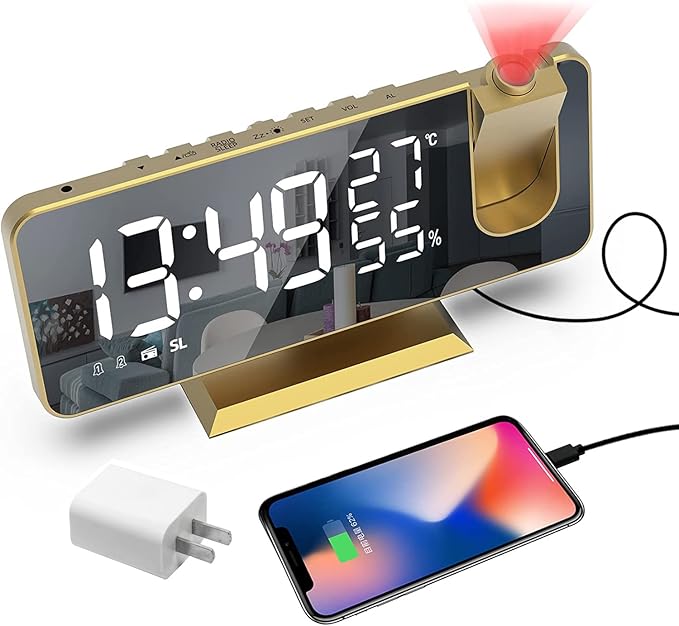 Projection Digital Alarm Clock for Bedrooms, Alarm Clock Radio on Ceiling, USB Charger Port, Temperature & Humidity Display, 7.3” Large Mirror LED Display,12/24H,Snooze,Dual Loud Clock- 4 Dimmer