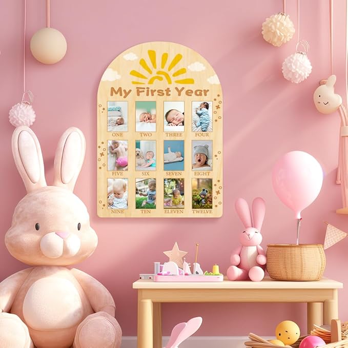 ORIGACH My First Year Baby Growth Photo Display Wood Board - 12 Months Newborn Milestones Photo Board - Neutral Baby Keepsake Frame 1st Birthday Party Nursery Decor New Mom Gift - Sun & Cloud
