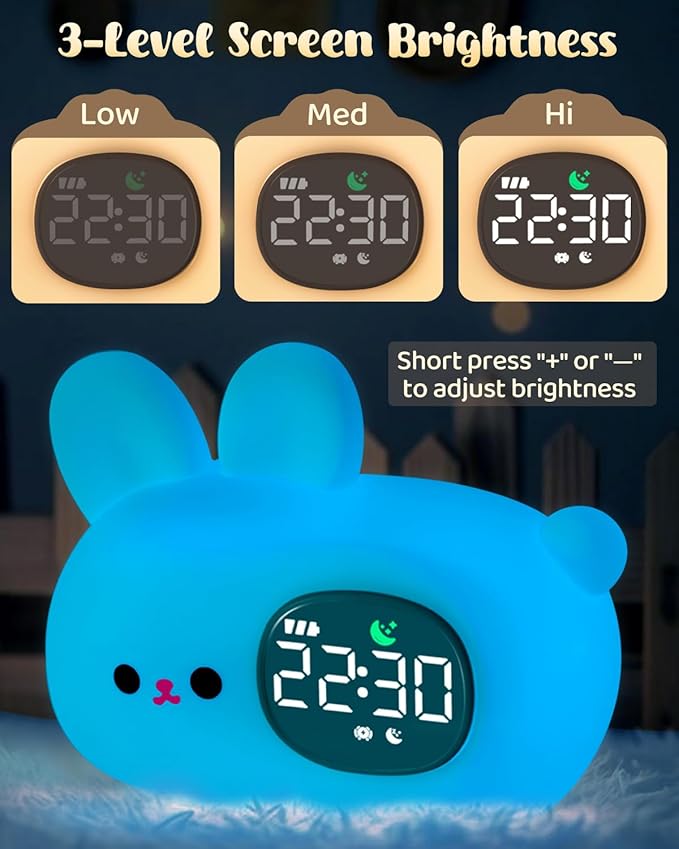 Bunny Alarm Clock for Kids with Night Light, Sleep Training Clock Time to Wake Clock, Rechargeable Silicone Light for Bedroom, Perfect Sleep Companion for Boys Girls