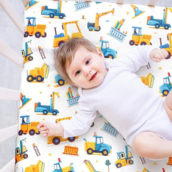 3 Piece Baby Boy Crib Bedding Set Construction Theme Baby Comforter Set for Crib Nursery Bed Set Decor with Fitted Crib Sheet, Comforter and Skirt for Boys Girls (Construction)