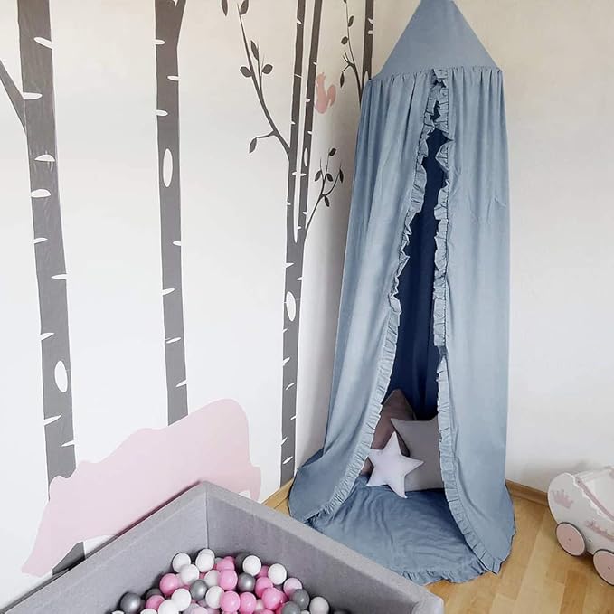 Bed Canopy with Frills Reading Nook Game Tent for Kids Boho Hanging Net Play Room Decor(Blue)