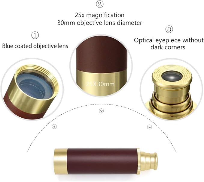 Pirate Monocular Telescope for Kids & Adults, Handheld Collapsible Brass Telescope 25x30 Zoomable Portable Pirate Spyglass for Cruise Ship Travel Watching Games Hiking Hunting and More