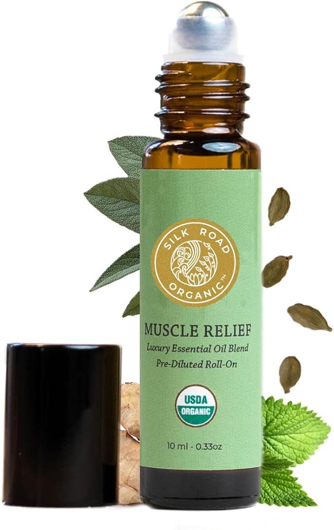 Silk Road Organic Muscle Relief Essential Oil Blend Roll On, 100% Pure USDA Certified Aromatherapy for Muscle Aches & Stiff Joints with Peppermint & Ginger - 10 ml Roller